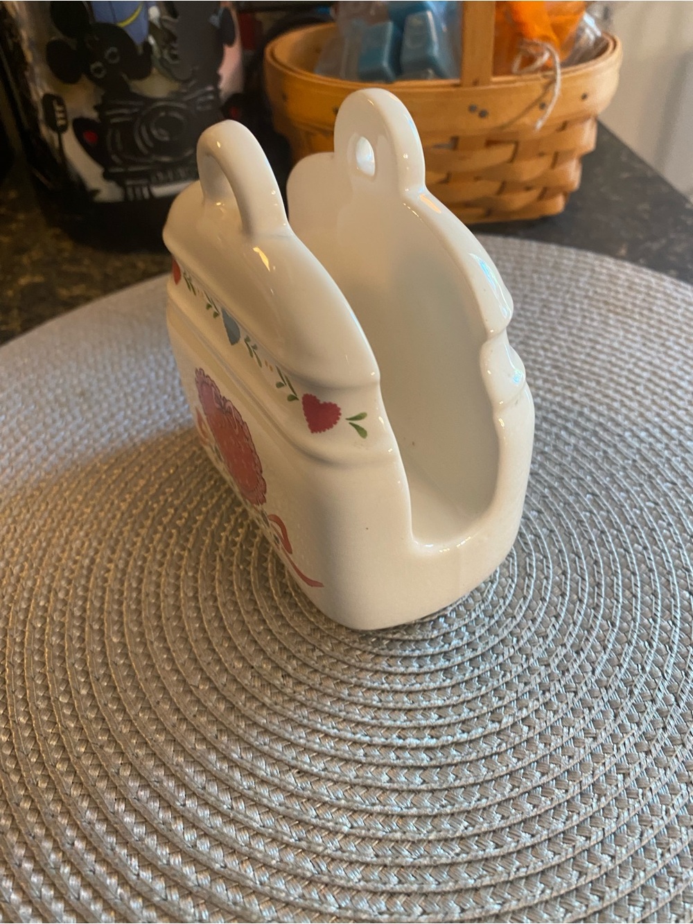 Vintage 80s Cottagecore Ceramic Napkin Holder Country Heart Bow Grannycore Caddy - Picture 10 of 14